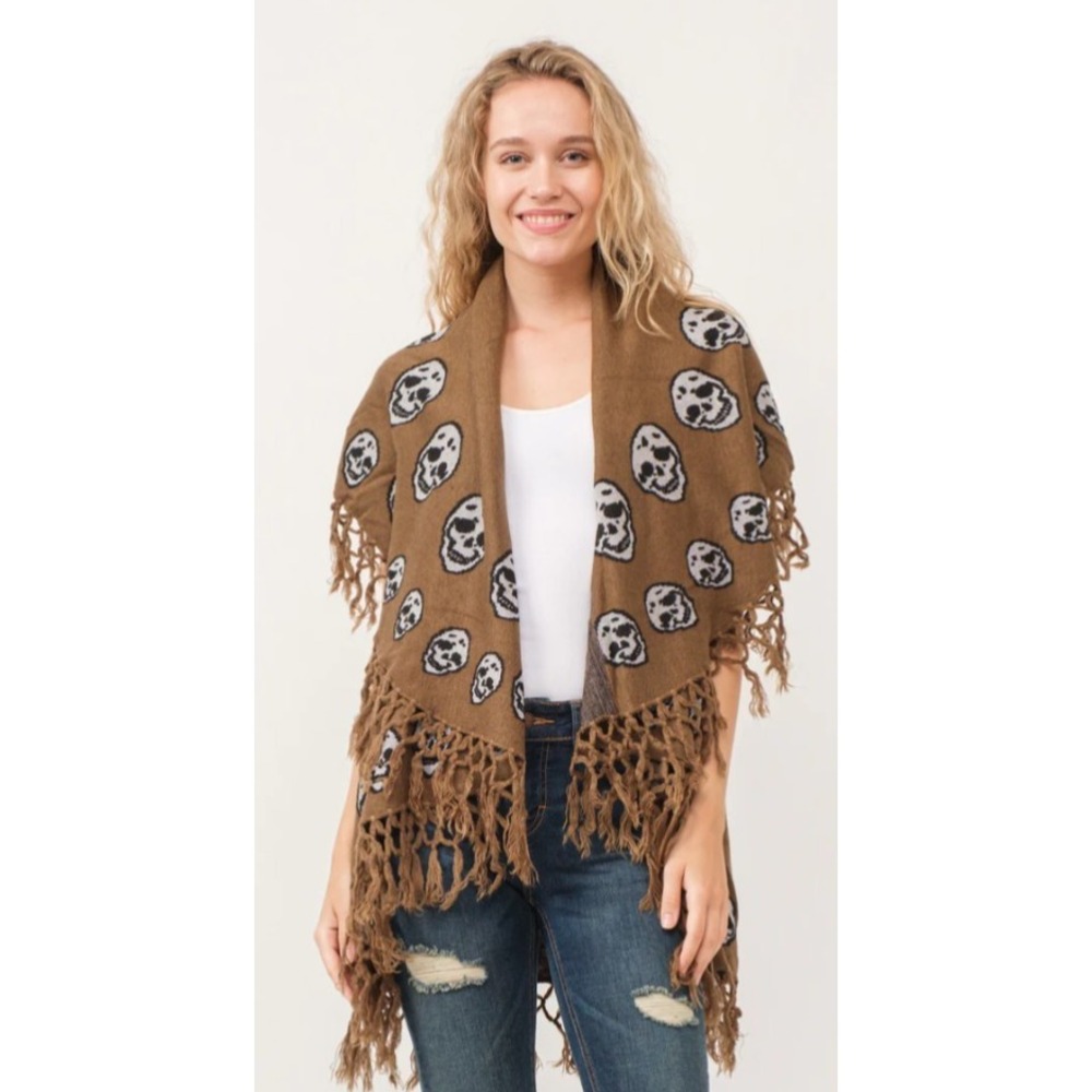 Raj Sable Skull Poncho Women's One Size Tassel Border Brown Open‎ NEW